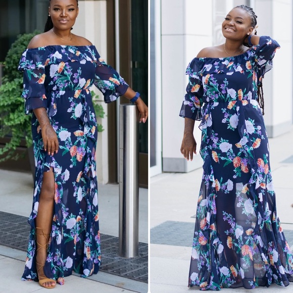 New York &Co Navy Floral Off-Shoulder Ruffled Summer Flowy Fairy Maxi Dress Sz M - Picture 2 of 14